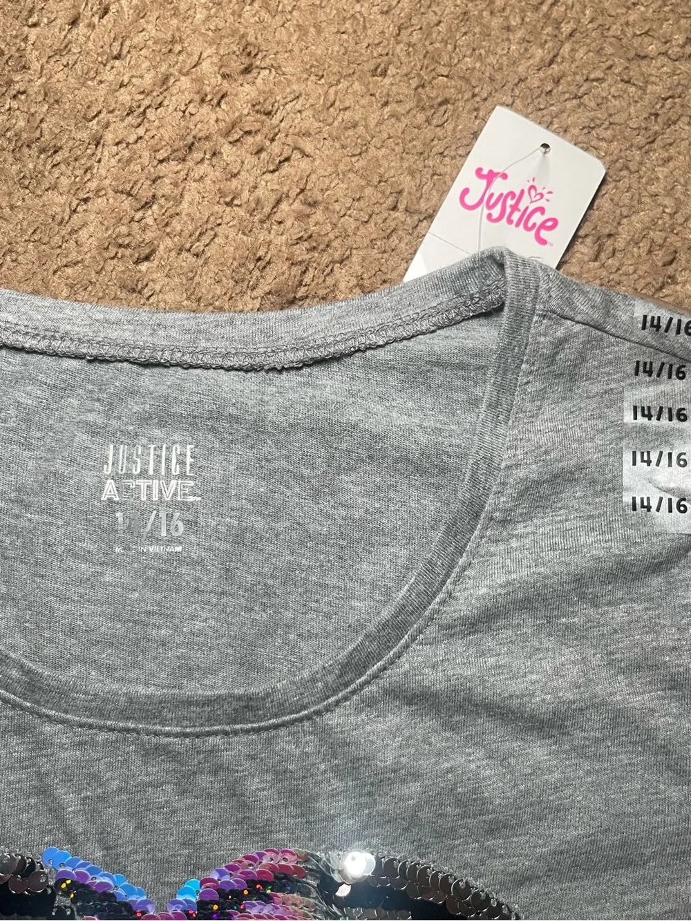New girls Justice 3/4 sleeve tee Dance reversible sequin heart design 14/16 gray